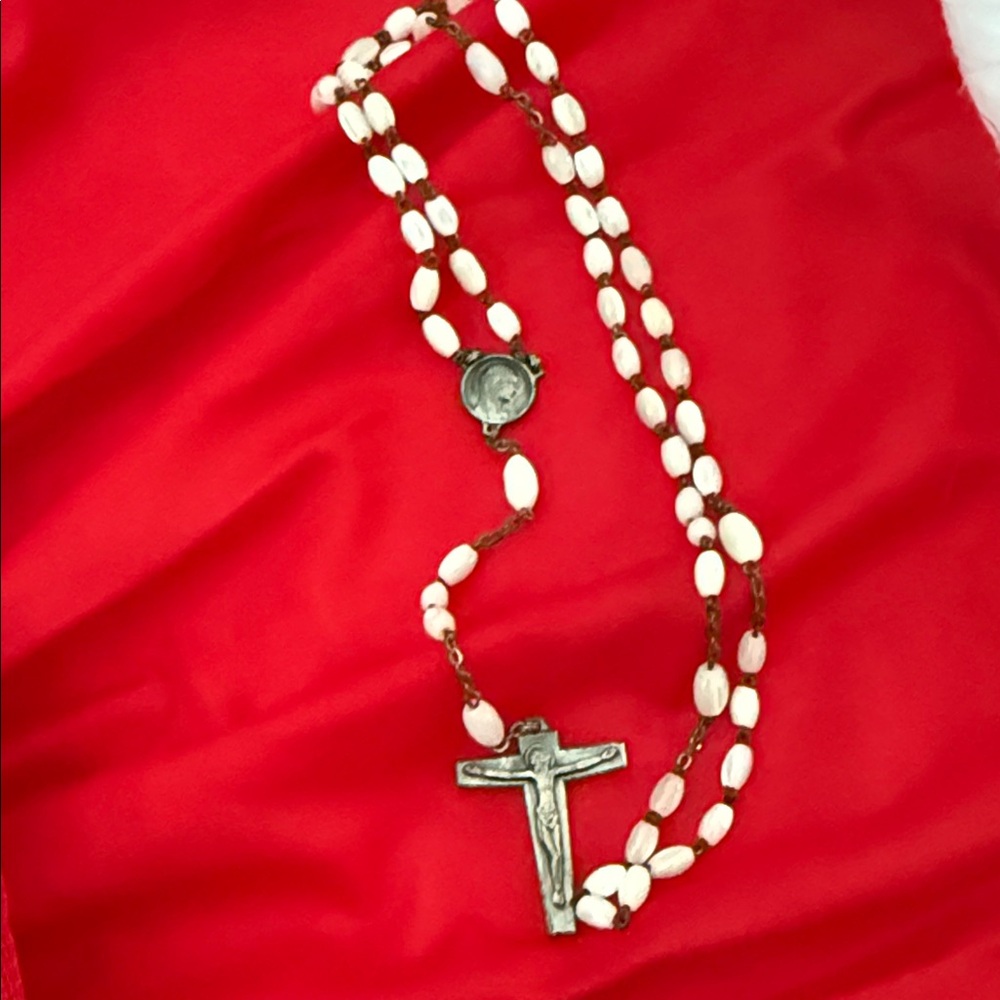 White Bead Rosary Necklace with Crucifix